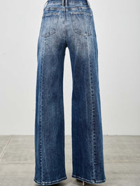 Back view of mid rise wide leg jeans showcasing the relaxed fit and stylish denim blend.