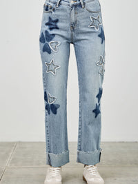 High Rise Star & Heart Patched Dad Jean W/stretch featuring star and heart patches with a relaxed fit.