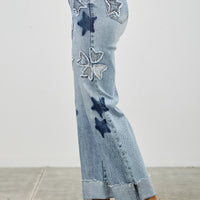 High Rise Star & Heart Patched Dad Jean W/stretch featuring playful star and heart patches in a relaxed fit.