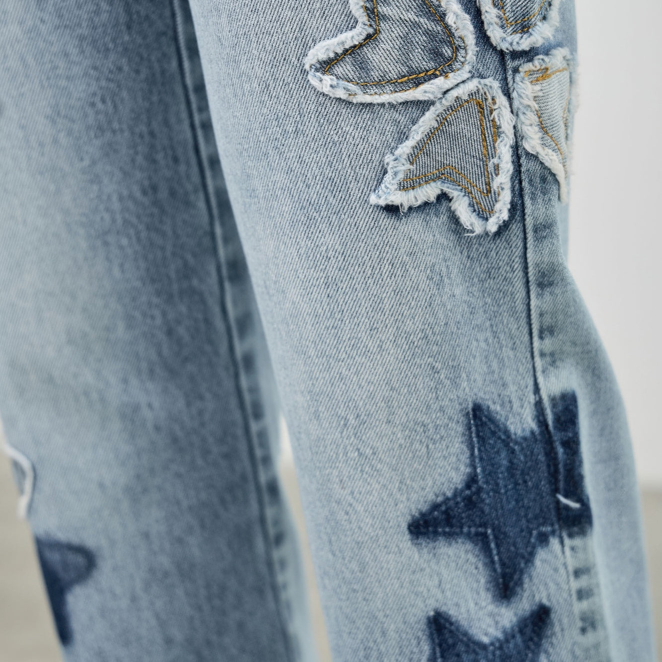 High Rise Star & Heart Patched Dad Jean W/stretch featuring heart and star patchwork on denim fabric