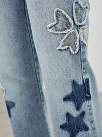High Rise Star & Heart Patched Dad Jean W/stretch featuring heart and star patchwork on denim fabric
