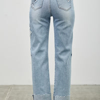 High Rise Star & Heart Patched Dad Jean W/stretch shown from the back, featuring playful star patches and a relaxed fit.