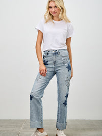 Model wearing High Rise Star & Heart Patched Dad Jean W/stretch with white t-shirt and casual shoes.