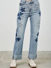 High Rise Star & Heart Patched Dad Jean W/stretch featuring playful star patchwork on light wash denim.
