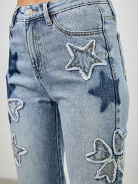 High Rise Star & Heart Patched Dad Jean W/stretch featuring playful star patchwork detail on denim.
