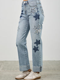 High Rise Star & Heart Patched Dad Jean W/stretch featuring playful star patches in a relaxed fit.