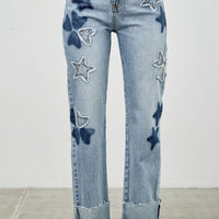 High Rise Star & Heart Patched Dad Jean W/stretch featuring playful star and heart patches in a relaxed fit.