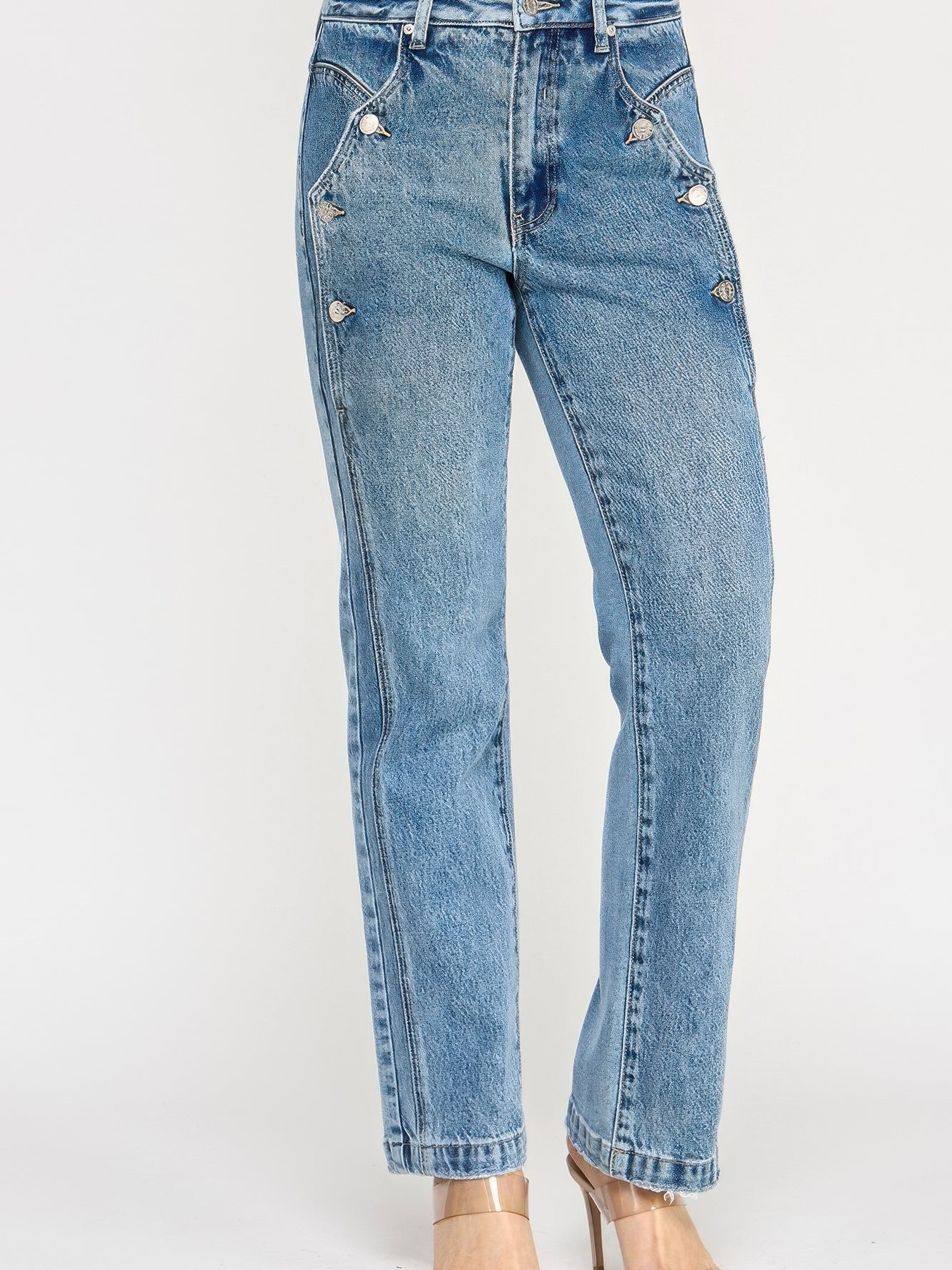 High Rise Dad Jean With Scallop Pocket in light wash denim with unique scalloped pockets.