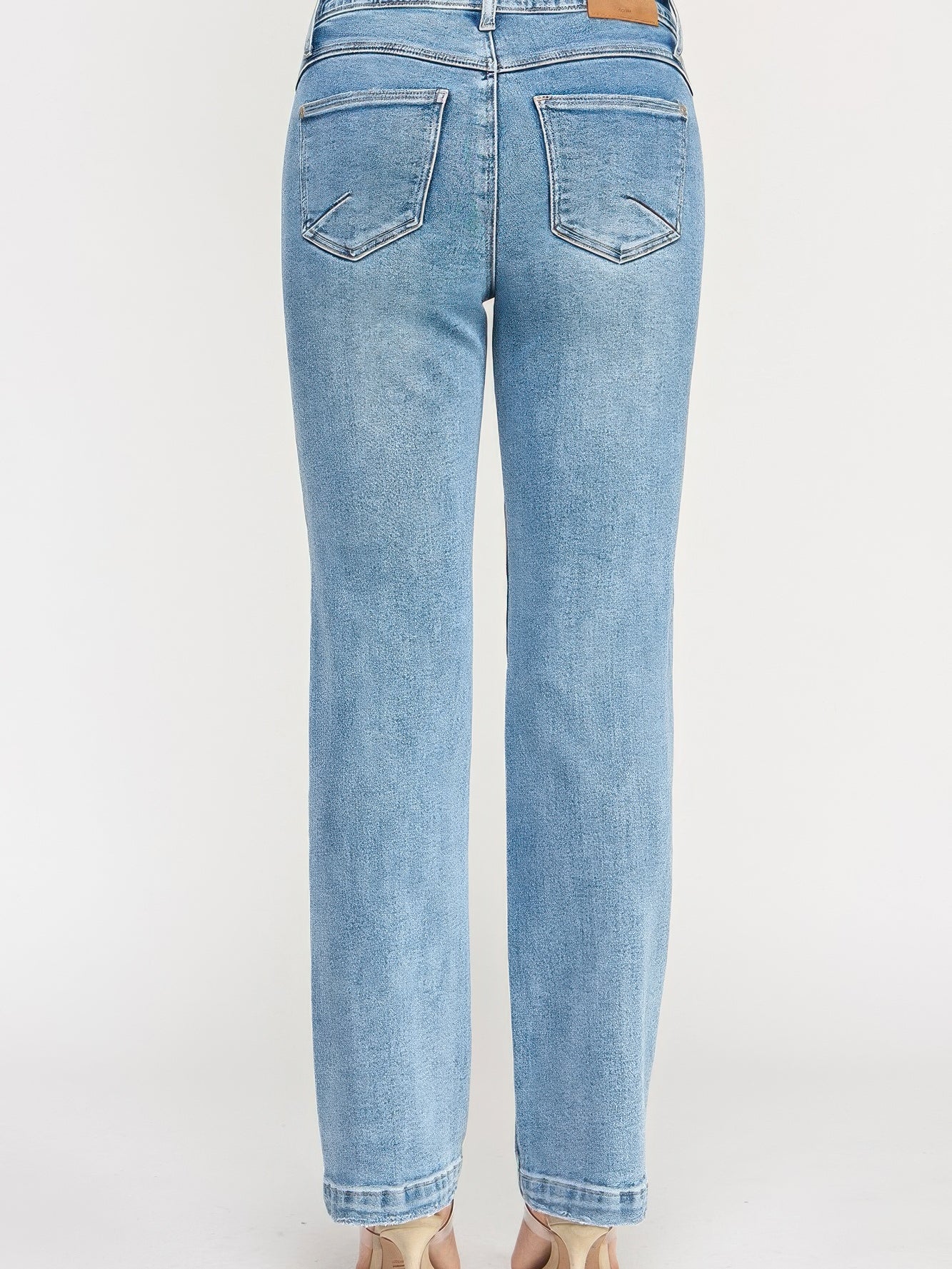 High Rise Dad Jean With Scallop Pocket - Back view showcasing straight-leg fit and unique pocket detail.