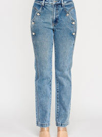 High Rise Dad Jean With Scallop Pocket in light blue denim, featuring scalloped front pockets and a relaxed fit.