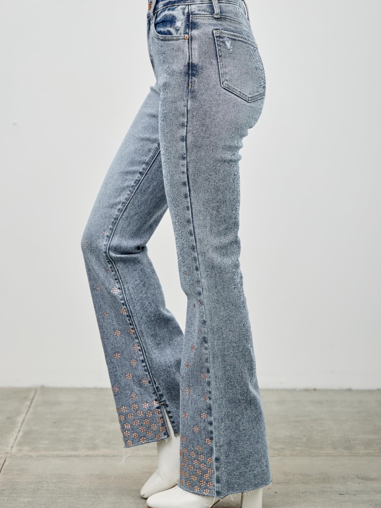 High Rise Kick Flare With Rhinestone featuring rhinestone embellishments and a stylish flare.