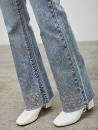 High Rise Kick Flare With Rhinestone showcasing rhinestone embellishments on flared denim jeans.