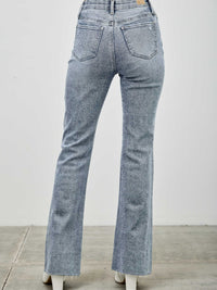 High Rise Kick Flare With Rhinestone back view showcasing the denim and flare hem design.