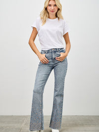 High Rise Kick Flare With Rhinestone worn by a model, styled with a white tee and showcasing subtle rhinestone details.