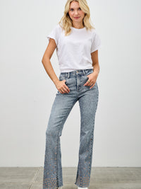 High Rise Kick Flare With Rhinestone worn by a model, featuring a flattering fit and subtle rhinestone embellishments.