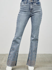 High Rise Kick Flare With Rhinestone featuring rhinestone embellishments on the hem, stylish high-rise denim jeans.