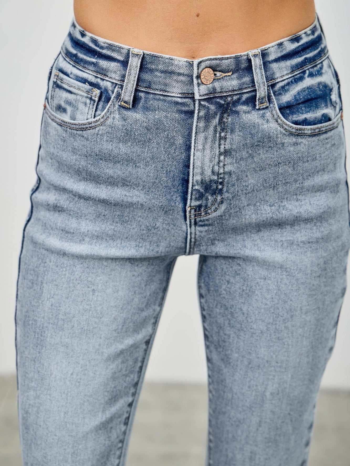 High Rise Kick Flare With Rhinestone showing front view of high-rise fit and subtle embellishments.