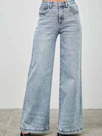 High Rise Wide Leg denim jeans in light wash with wide legs and five-pocket styling, perfect for casual and stylish outfits.