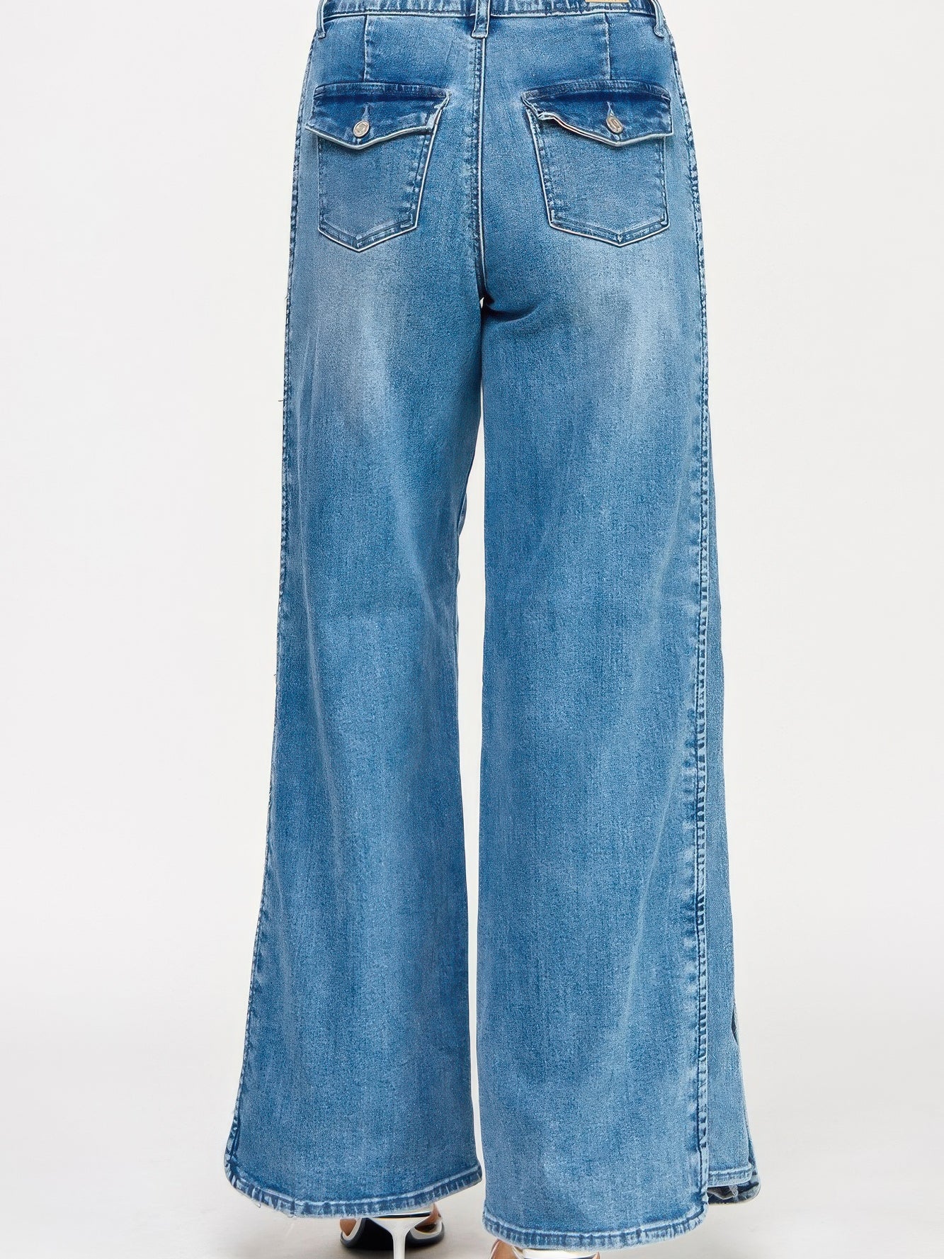 High Rise Wide Leg With Tummy Control jeans showcasing a flattering wide leg silhouette from the back.
