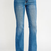 Tummy Control Mid Rise Skinny Bootcut jeans in blue with a flattering bootcut hem and mid-rise waistband.