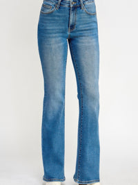 Tummy Control Mid Rise Skinny Bootcut jeans in blue with a flattering bootcut hem and mid-rise waistband.