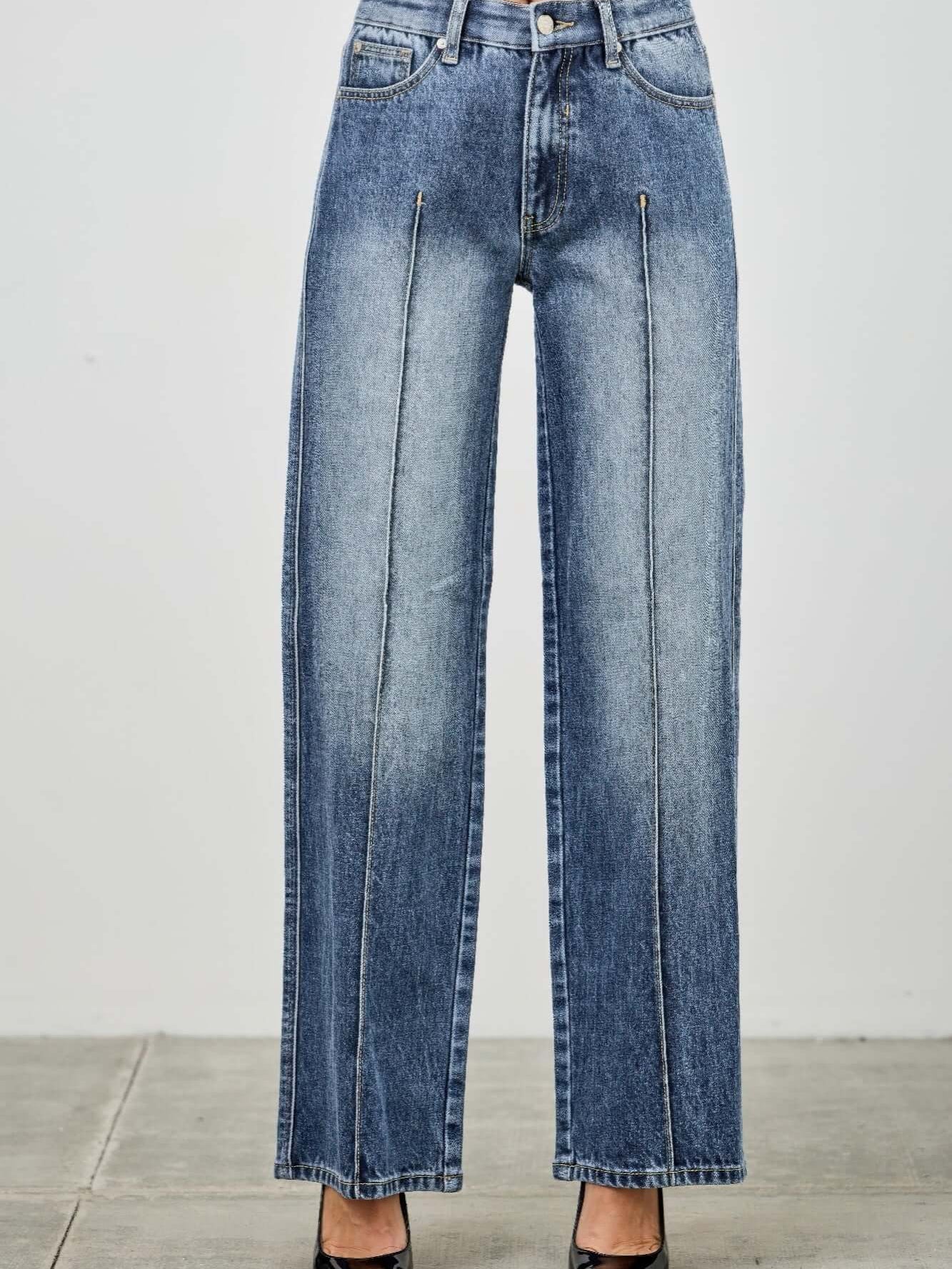 Mid Rise Straight With Pintuck jeans featuring refined pintuck detailing in a light wash denim.