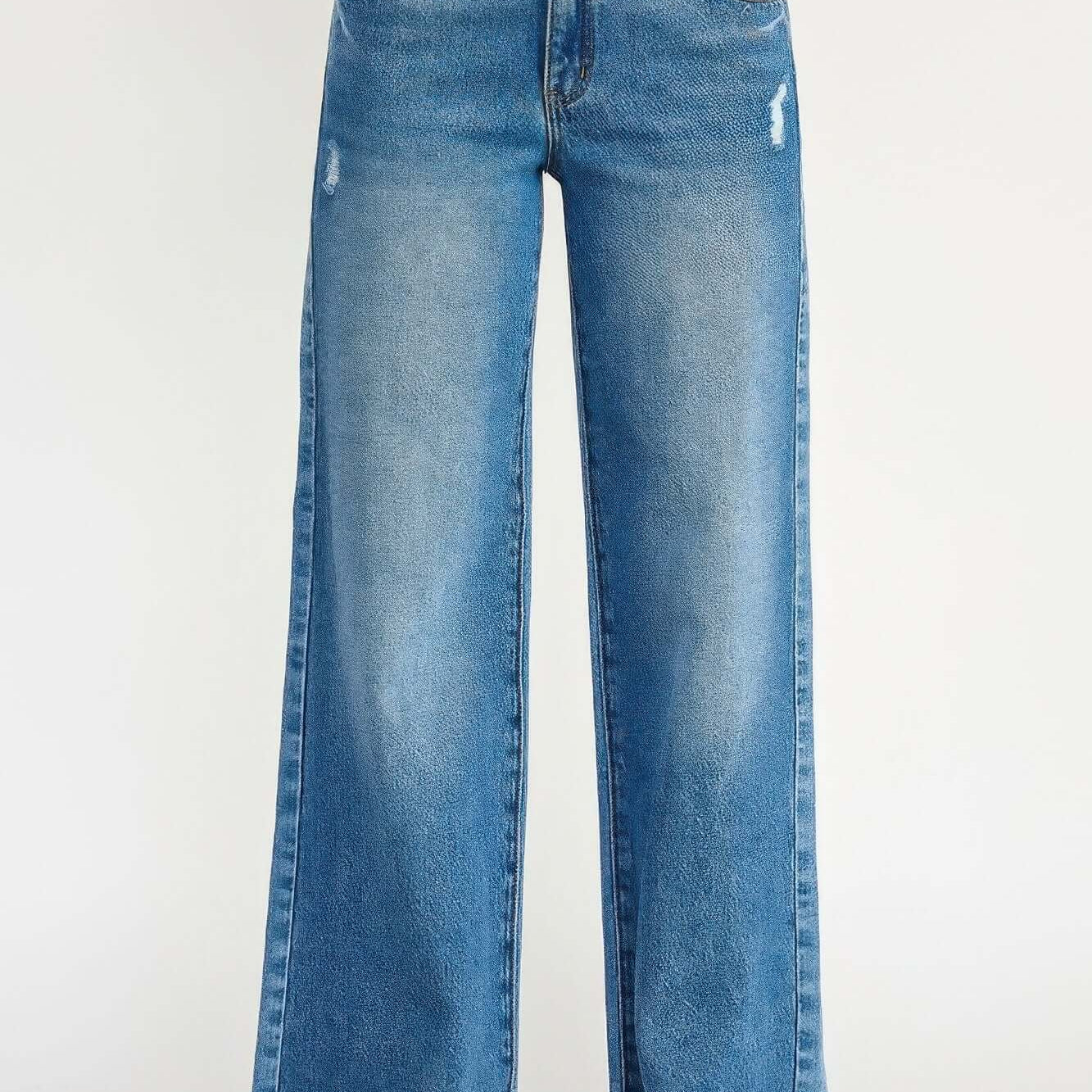 High Rise Double Waist Wide Leg jeans featuring a unique double waistband and wide leg cut, perfect for a stylish look.