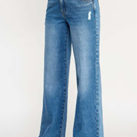 High Rise Double Waist Wide Leg jeans in light wash with a wide leg cut and distressed details.