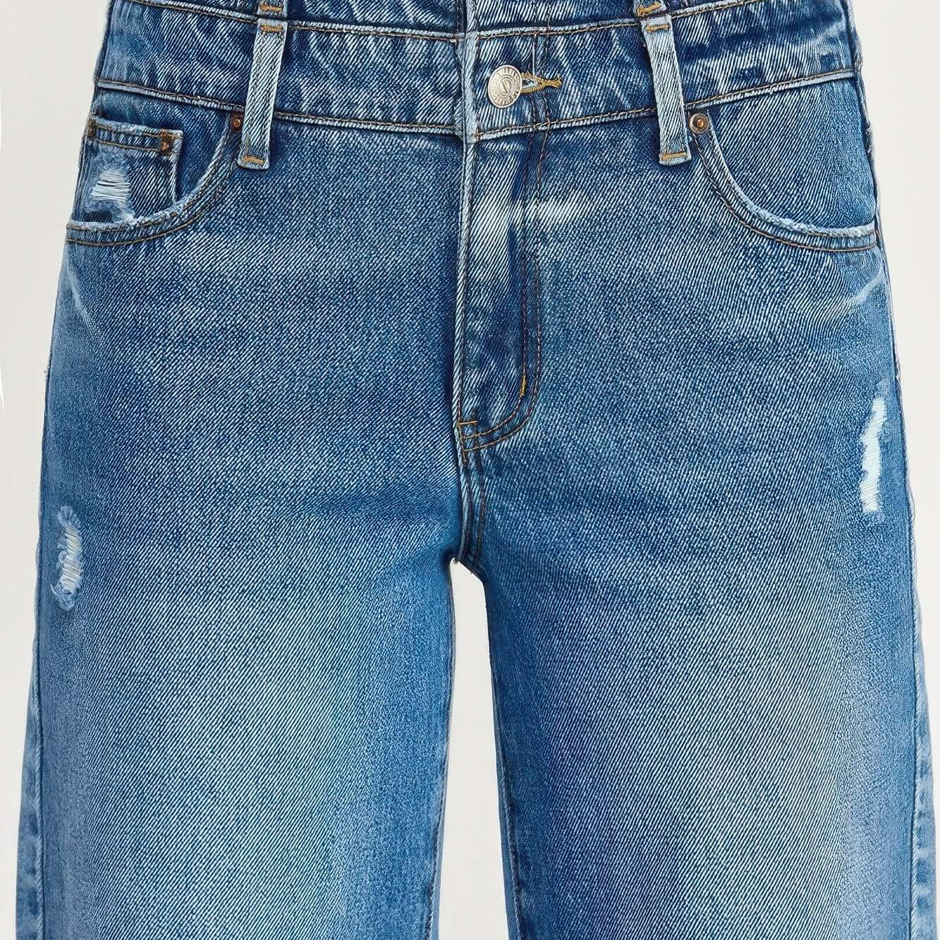 High Rise Double Waist Wide Leg jeans featuring a unique double waistband and wide leg cut in a stylish blue denim.