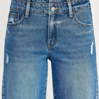 High Rise Double Waist Wide Leg jeans featuring a unique double waistband and wide leg cut in a stylish blue denim.