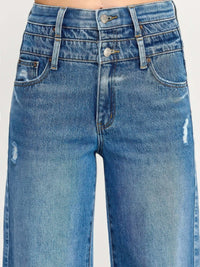 High Rise Double Waist Wide Leg jeans featuring a unique double waistband and wide leg cut in a stylish blue denim.