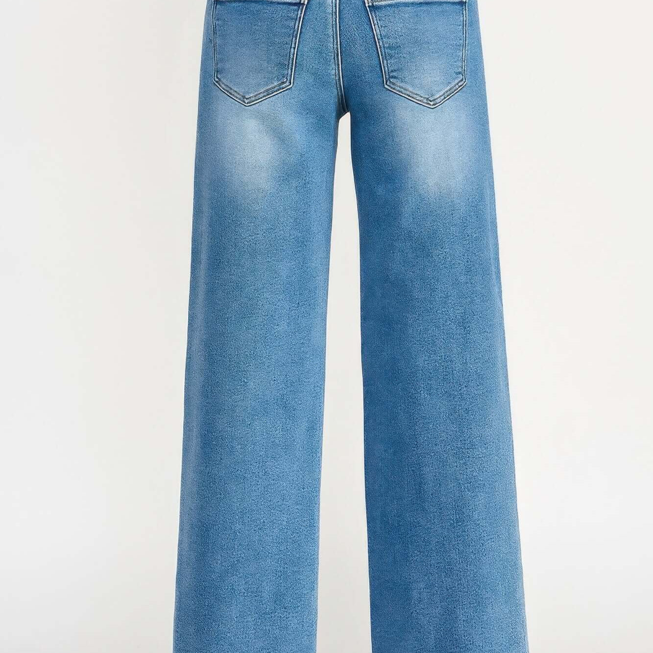 High Rise Double Waist Wide Leg jeans showing back view with wide leg cut and unique double waistband.