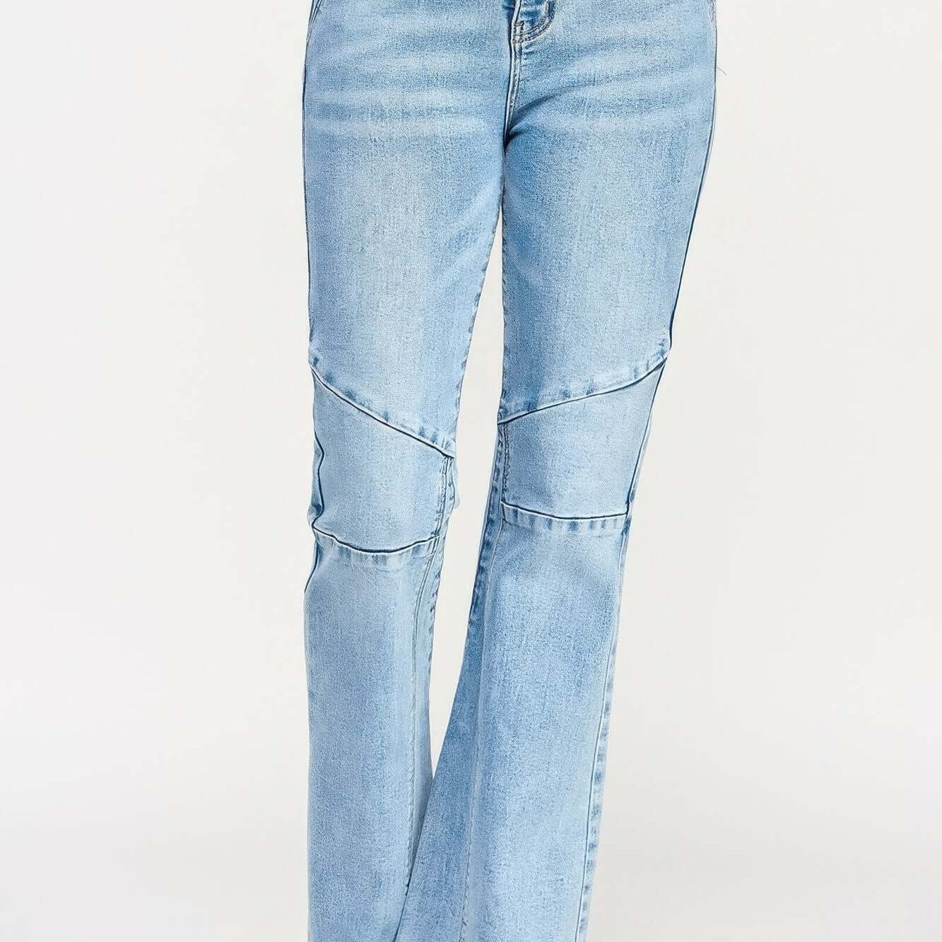 High Rise Flare With Seam Detail jeans featuring a high rise fit and stylish seam accents for a sleek silhouette.