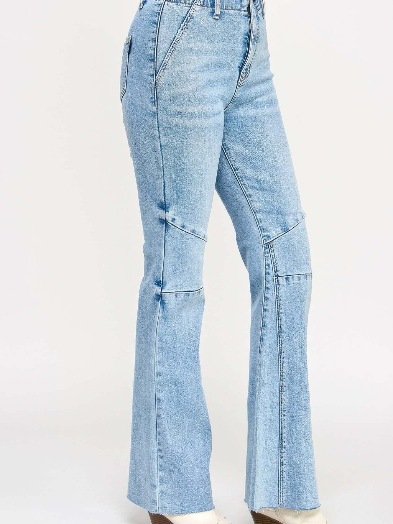 High Rise Flare With Seam Detail showcasing a sleek fit and elongating seam accents in soft denim.