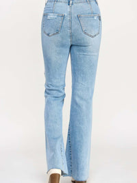 High Rise Flare With Seam Detail - Back view of high rise flare jeans with seam details and flared hem.