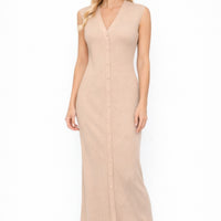 Ribbed Long Dress With Decorative Buttons
