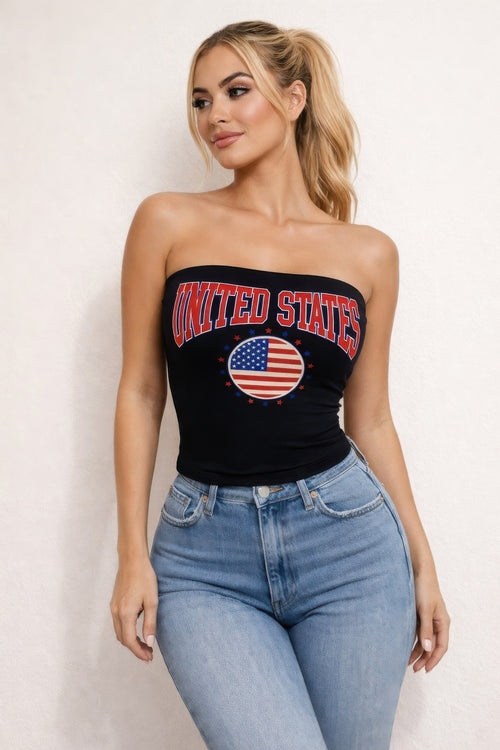 Patriotic Usa Graphic Strapless Stretch Tube Top