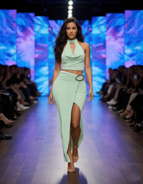 Halter Cowl Neck Scarf Top Oval Ring Skirt Set