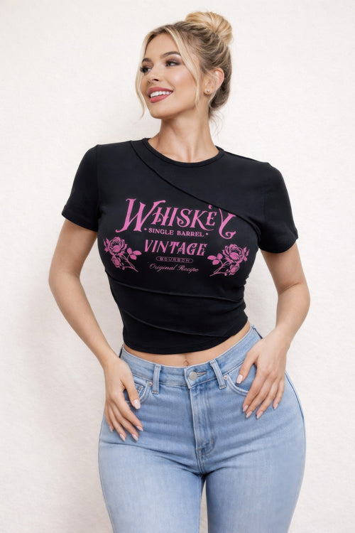Whiskey Vintage Graphic Asymmetrical Crop Top