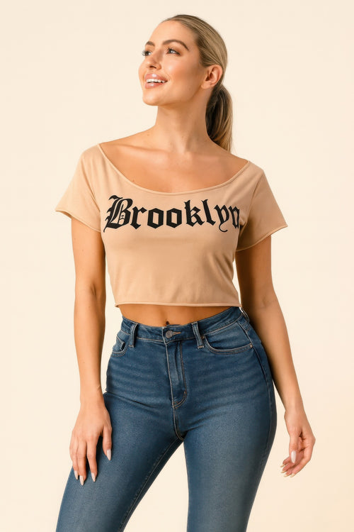 Brooklyn Graphic Off-shoulder Crop Top