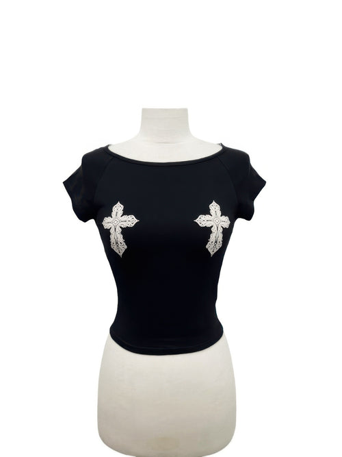 Cross Patch Detail Fitted Crop Top