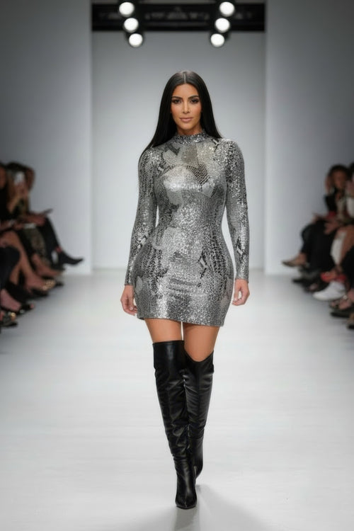 Long Sleeve Body Con Pu Silver Snake Mini