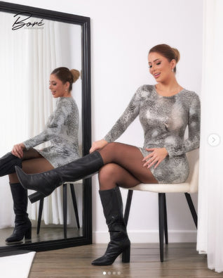 Long Sleeve Body Con Pu Silver Snake Mini