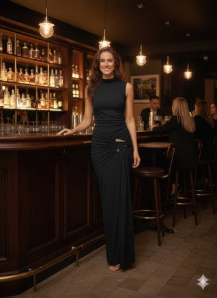 Sleeveless Turtle Neck Drape Maxi Dress