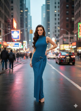 Sleeveless Turtle Neck Drape Maxi Dress