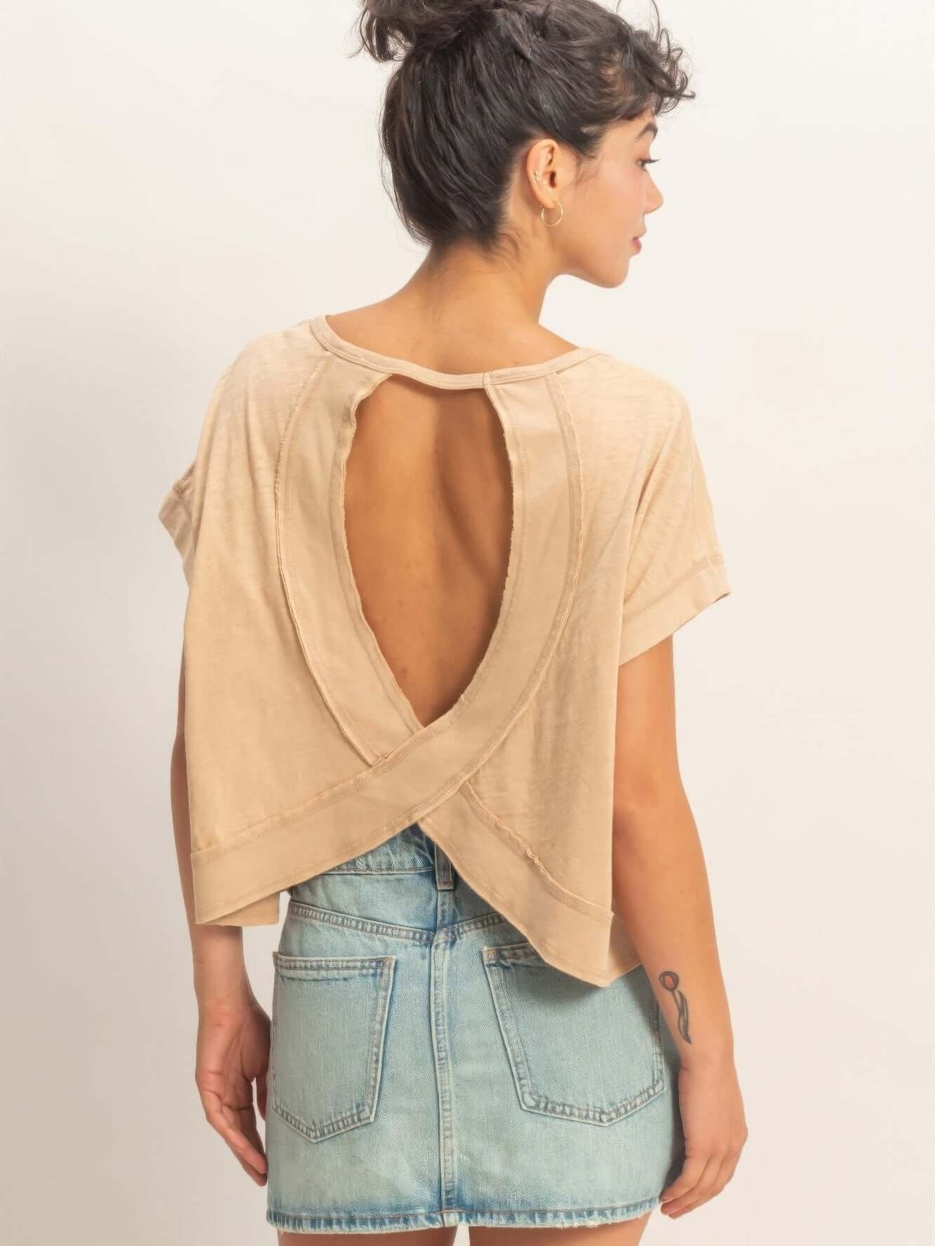 Acid Washed Cross Detail Open Back Top showcasing an open back and cross detail design in a soft cotton-blend fabric.