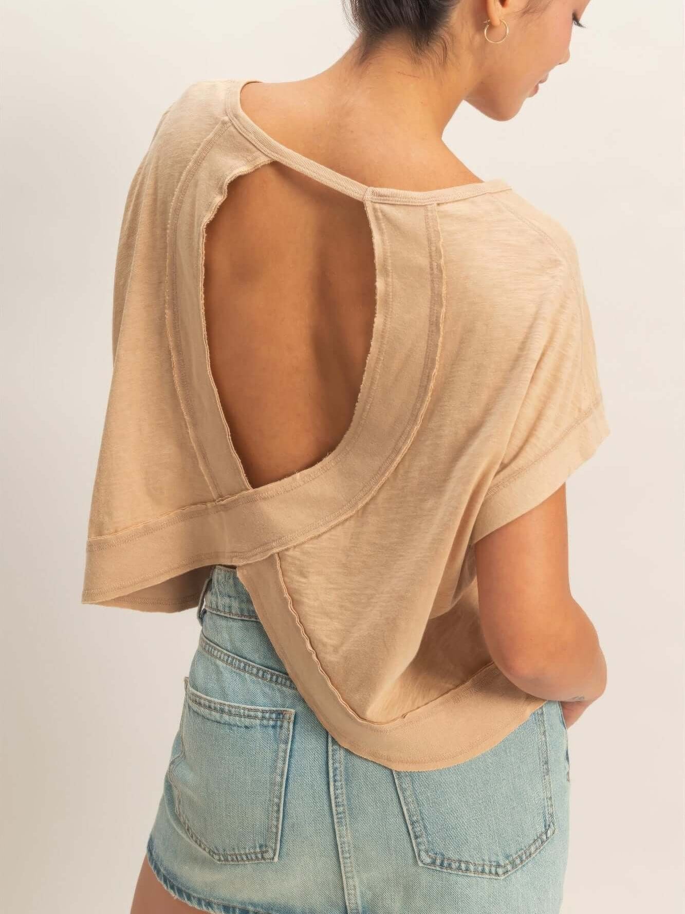Acid Washed Cross Detail Open Back Top featuring open back design and soft cotton-blend fabric.