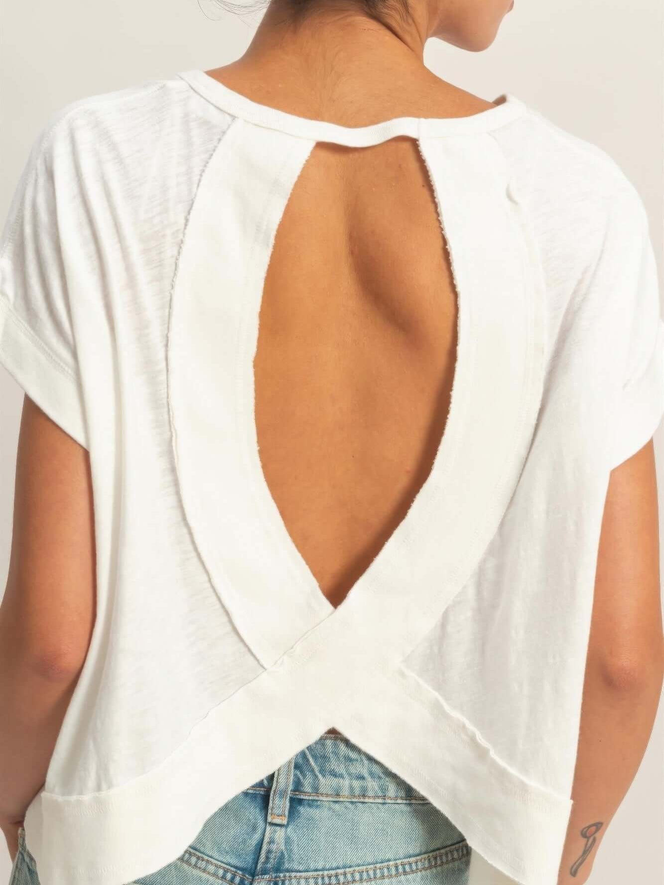 Acid Washed Cross Detail Open Back Top showcasing a modern silhouette with exposed back and fabric cross detail.