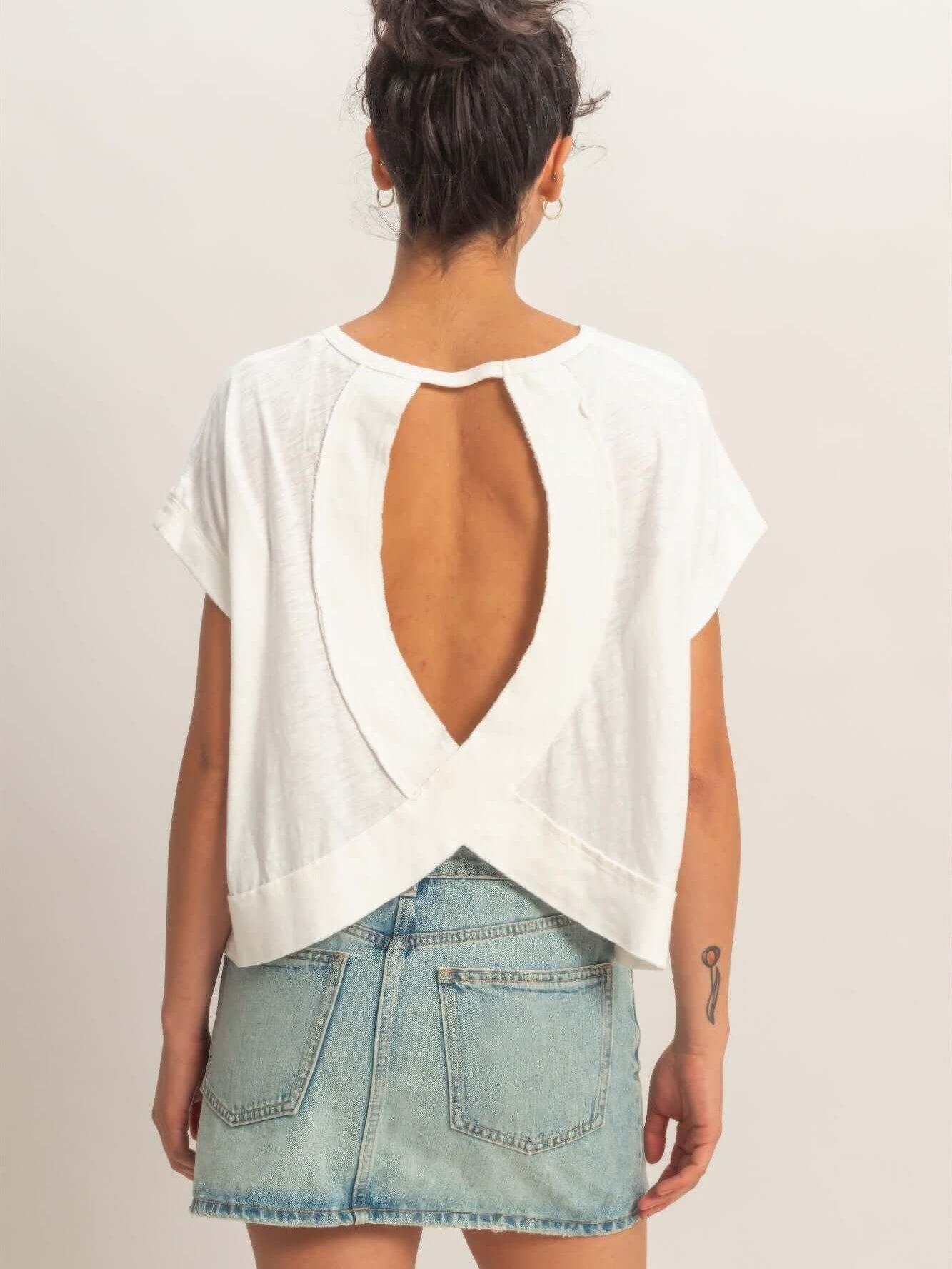 Acid Washed Cross Detail Open Back Top featuring a unique open-back design and soft cotton-blend fabric.
