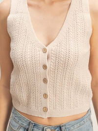 V-neck Knit Tank Top in a soft cotton-blend with buttons, ribbed texture, and a flattering design.